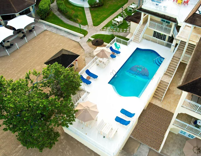CocoLaPalm's beachfront swimming pool viewed from above