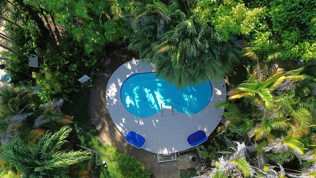 CocoLaPalm's large hot tub tucked into tropical greenery